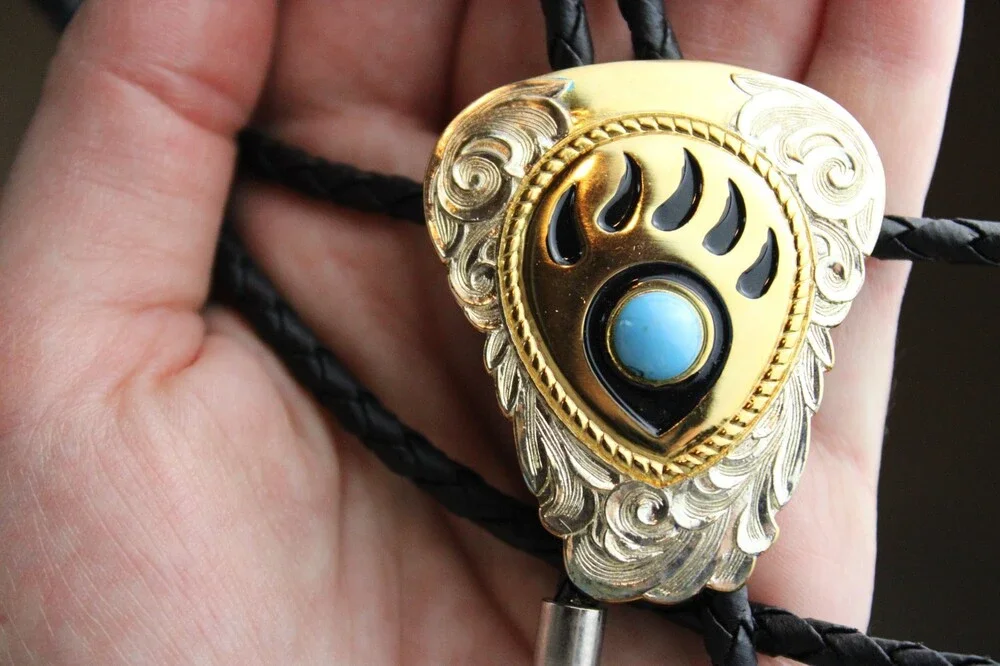 Vintage Brass Bear Paw Turquoise Bolo Tie – Leather Cord – Taiwan Western